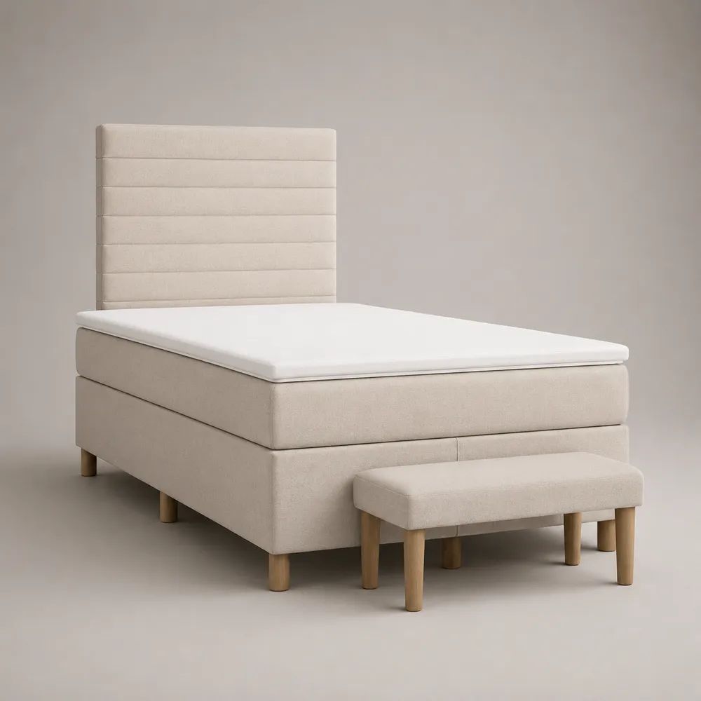 Boxspringbett-Set mit Bettbank, Matratze und Topper, Liegefläche 120 × 200 cm, Polyesterbezug, Beige/Natur