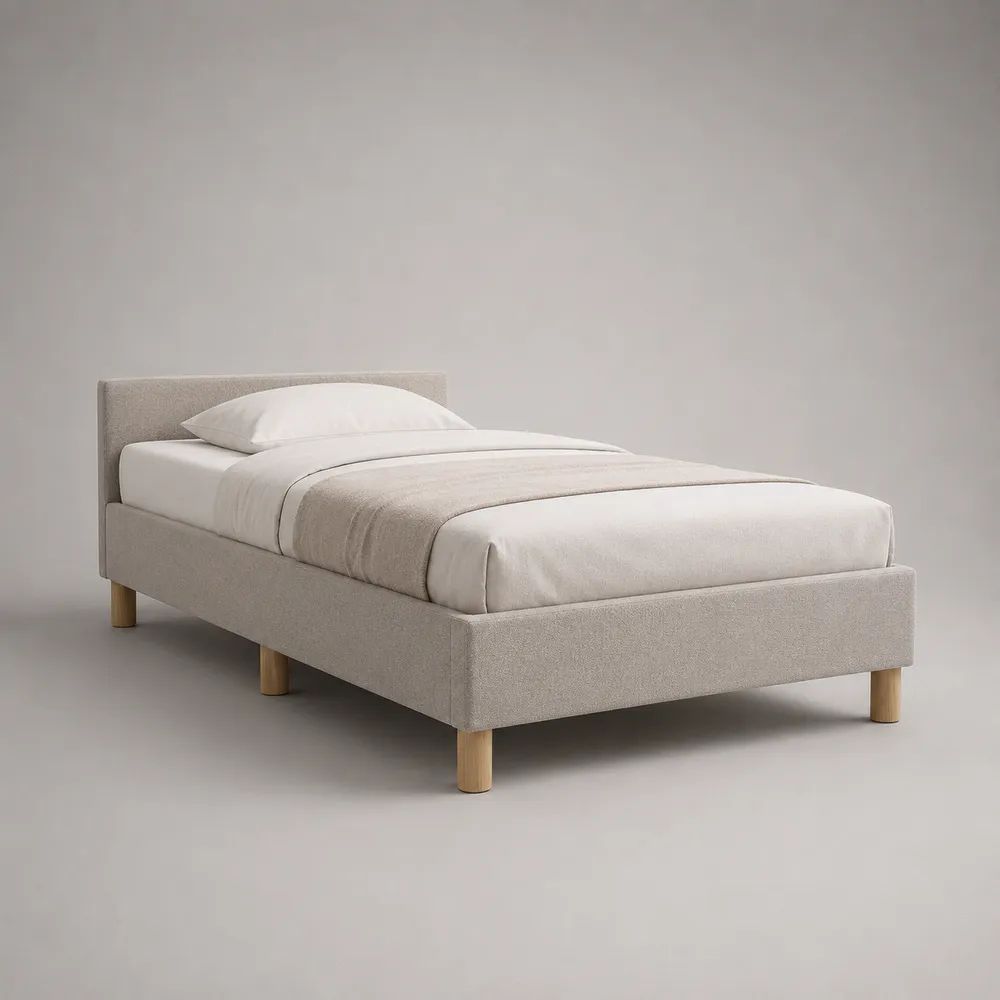 Polsterbett Einzelbett mit Polyesterbezug und Massivholzfüßen, Beige/Natur, Liegefläche 90 x 200 cm, Gesamtmaß 214 x 101 x 86 cm