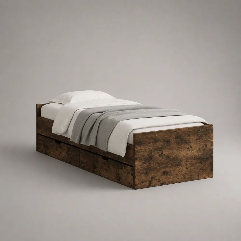 Stauraumbett Einzelbett aus Holz mit 2 Schubladen, Dunkelbraun, Liegefläche 90 × 200 cm, Gesamtmaß 205 × 96 × 76 cm