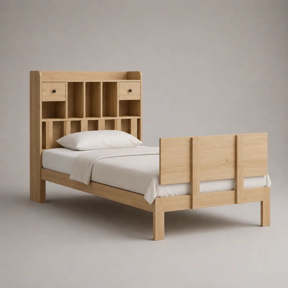 Einzelbett 90 × 200 cm aus Massivkiefer mit Stauraum-Kopfteil, 2 Schubladen und Lattenrost, Natur/Schwarz, 218 × 104 × 150 cm