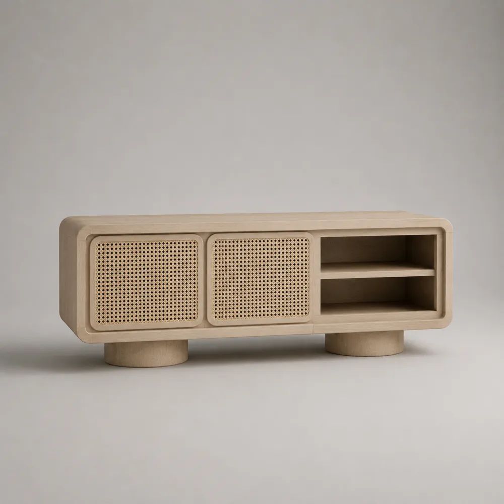TV-Lowboard aus MDF mit Eschenfurnier und Rattantüren, 160 × 40 × 60 cm, Naturbeige