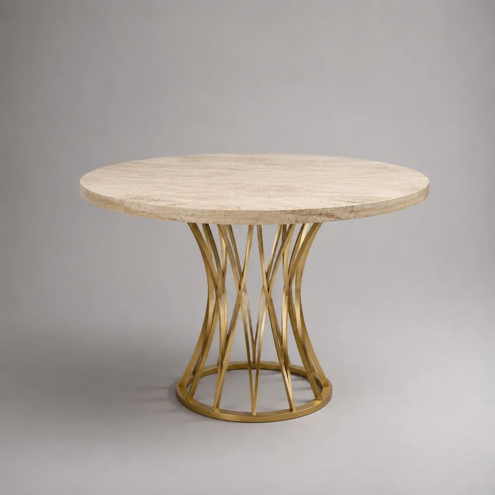 Runder Esstisch aus Travertin und Edelstahl, Beige/Goldfarben, Ø 100 × H 75 cm