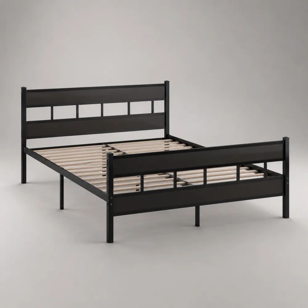 Doppelbett Metallbettgestell aus pulverbeschichtetem Stahl mit Lattenrost, Schwarz, 140 × 200 cm