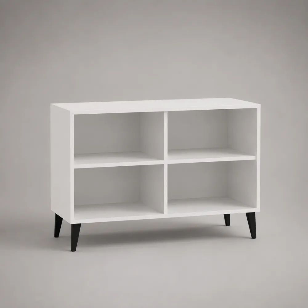 TV-Lowboard mit 4 offenen Fächern aus melaminharzbeschichteter Spanplatte, Weiß/Schwarz, 100 × 35 × 70 cm