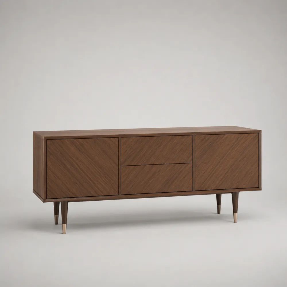 TV-Lowboard Sideboard aus MDF mit Walnussfurnier, rechteckig, Braun/Messingfarben, 160 × 40 × 75 cm
