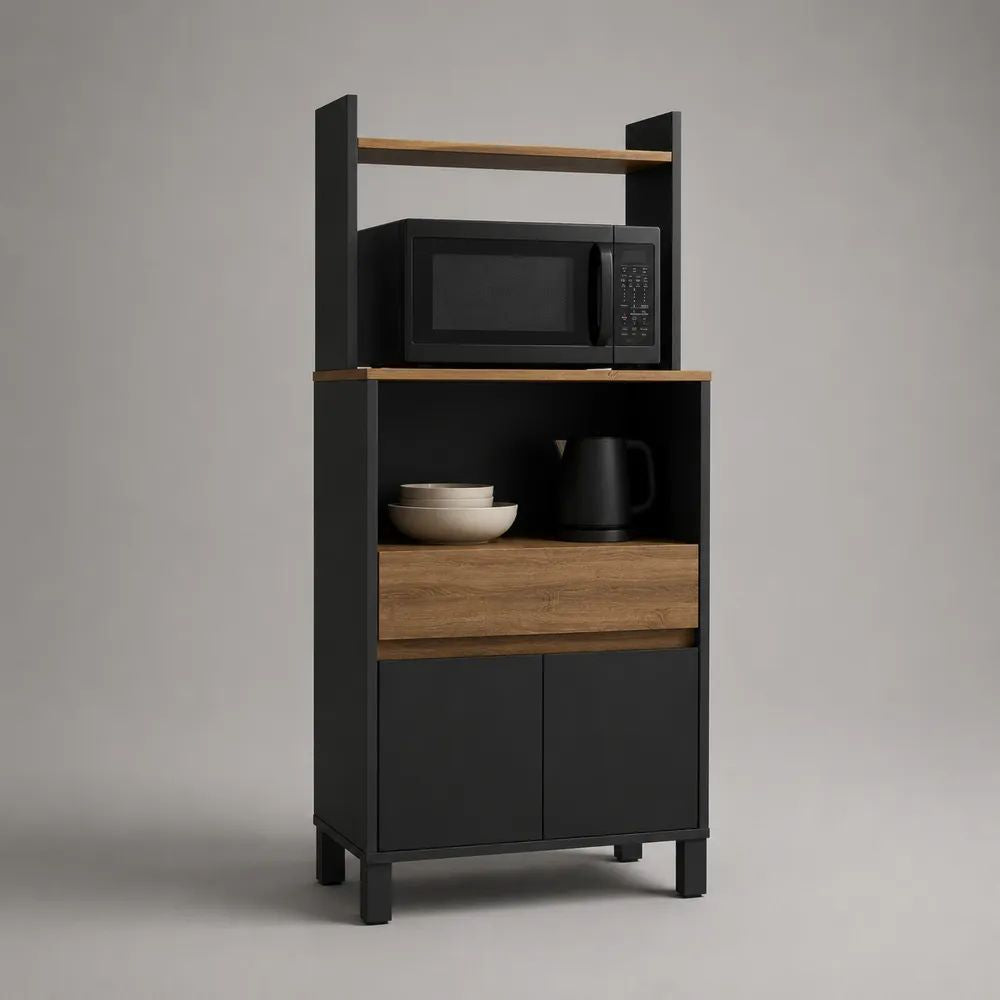 Mikrowellenschrank aus melaminbeschichteter Spanplatte mit 2 Türen und Schublade, Schwarz/Eichefarben, 60 × 40 × 150 cm