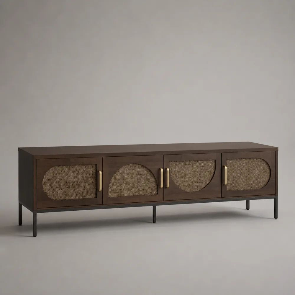 TV-Lowboard mit 4 Türen, Stahlgittereinsätzen und Metallbeinen, MDF mit Walnussfurnier, Dunkelbraun, 180 x 40 x 60 cm