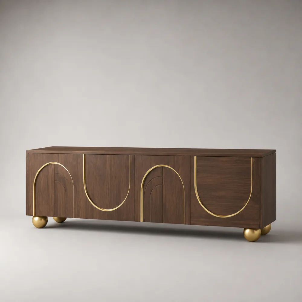 TV-Lowboard mit 4 Türen aus MDF mit Walnussfurnier, Walnussbraun/Gold, 200 × 45 × 65 cm