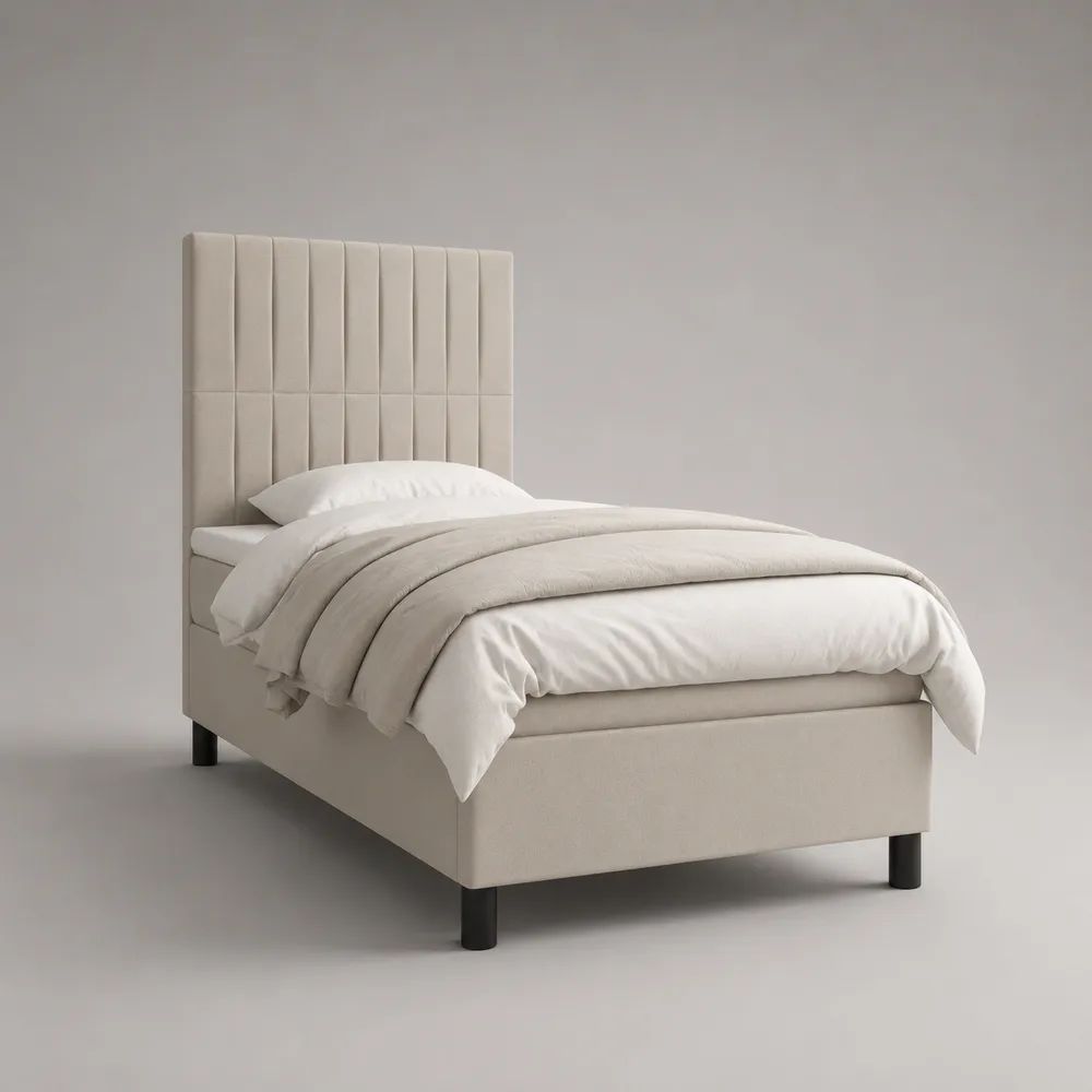 Polsterbett Einzelbett mit Polyesterbezug und gepolstertem Kopfteil, Cremeweiß/Schwarz, 90 × 200 cm