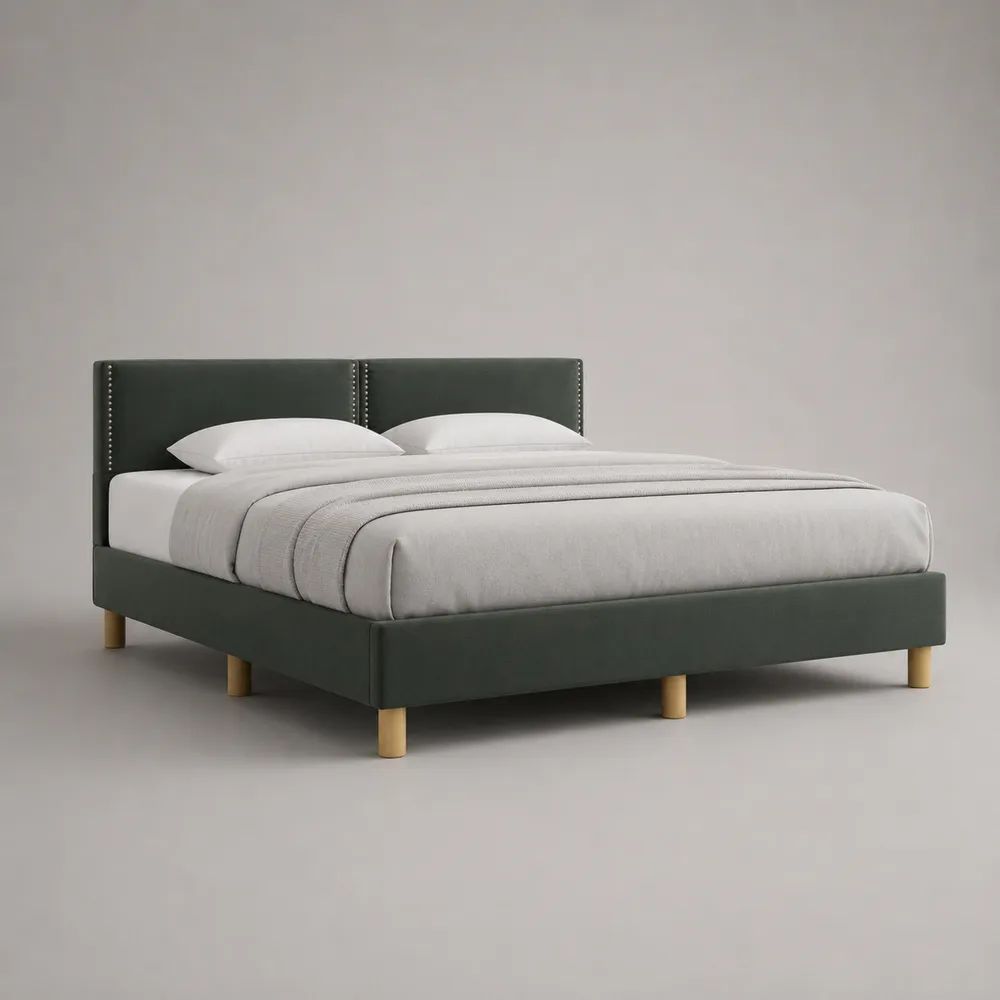 Polsterbett Doppelbett 180 × 200 cm mit Samtbezug und Lattenrost, Dunkelgrün, Gesamtmaß 215 × 193 × 105 cm