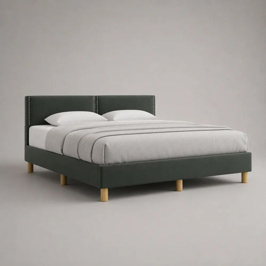 Polsterbett Doppelbett 180 × 200 cm mit Samtbezug und Lattenrost, Dunkelgrün, Gesamtmaß 215 × 193 × 105 cm