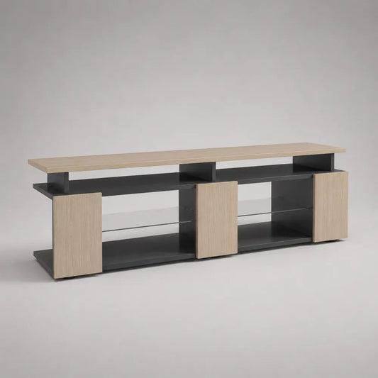 TV-Lowboard aus melaminbeschichteter Spanplatte und Glas, Schwarz/Eiche hell, 180 × 40 × 65 cm