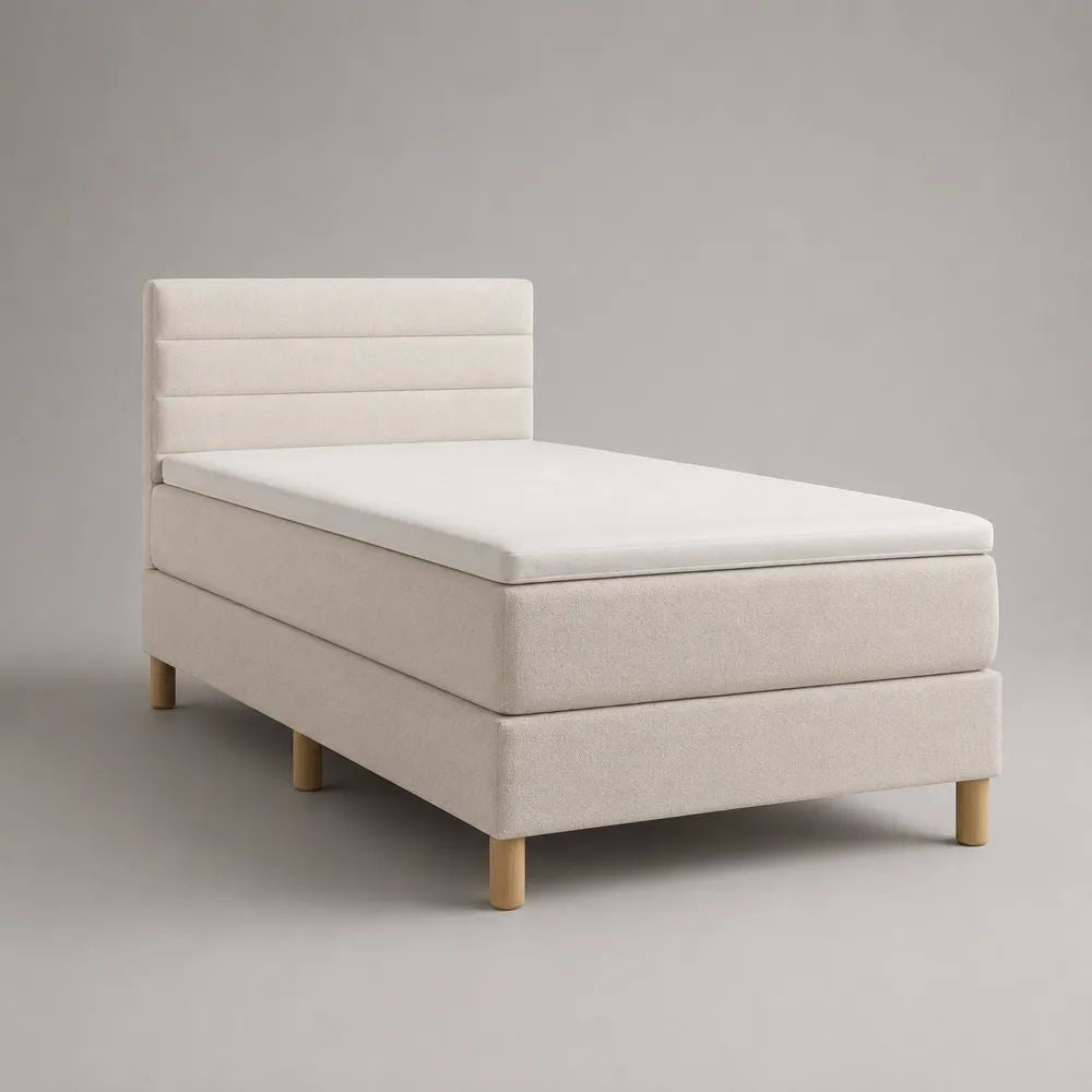 Boxspringbett-Set mit Matratze und Topper, Chenillebezug, Creme/Natur, Liegefläche 90 × 200 cm, Gesamtmaß 100 × 210 × 115 cm
