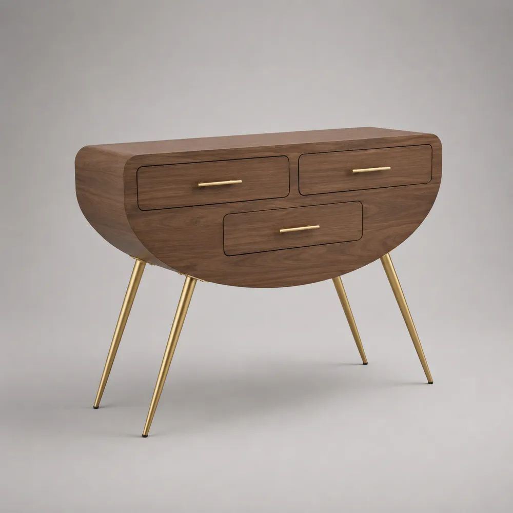 Halbovaler Konsolentisch aus MDF und Metall mit 3 Schubladen, Braun/Gold, 100 x 35 x 80 cm