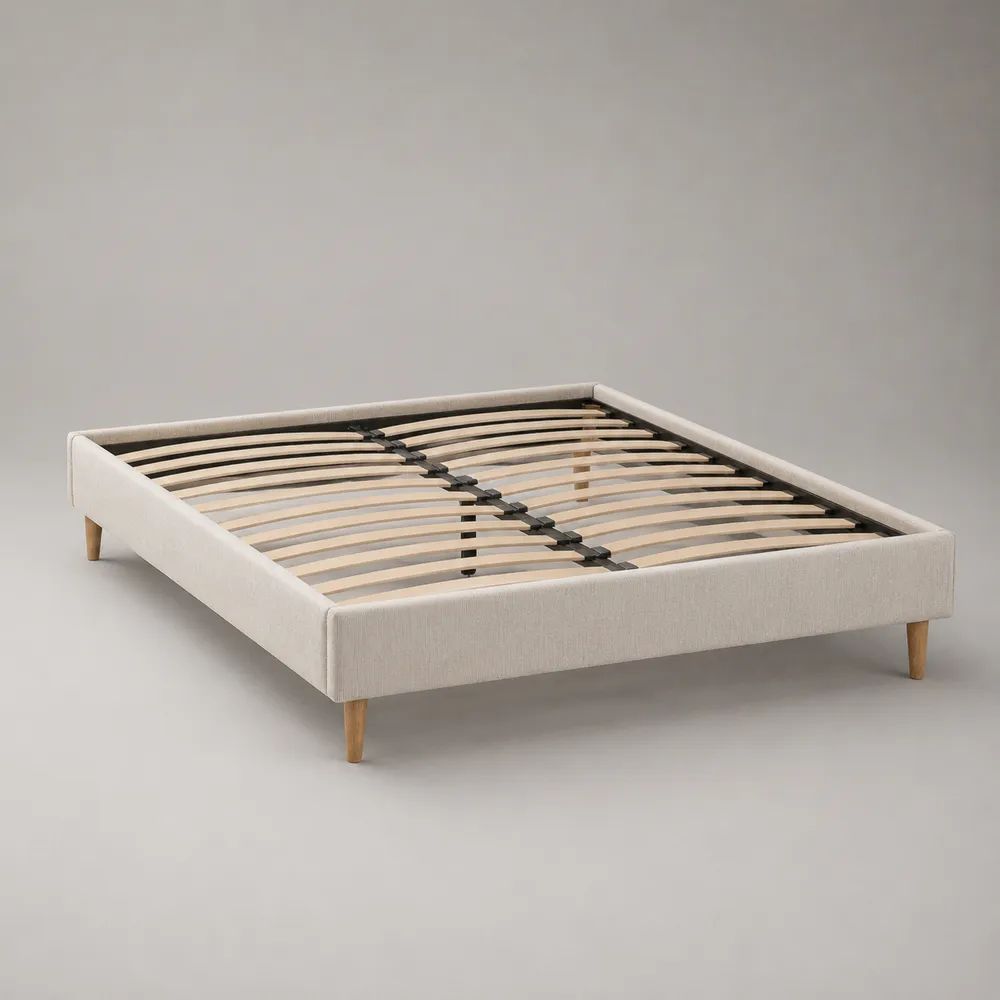 Polsterbett ohne Kopfteil 160 x 200 cm mit Lattenrost, Polyester und Massivholz, Creme