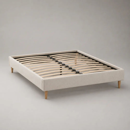 Polsterbett ohne Kopfteil 160 x 200 cm mit Lattenrost, Polyester und Massivholz, Creme