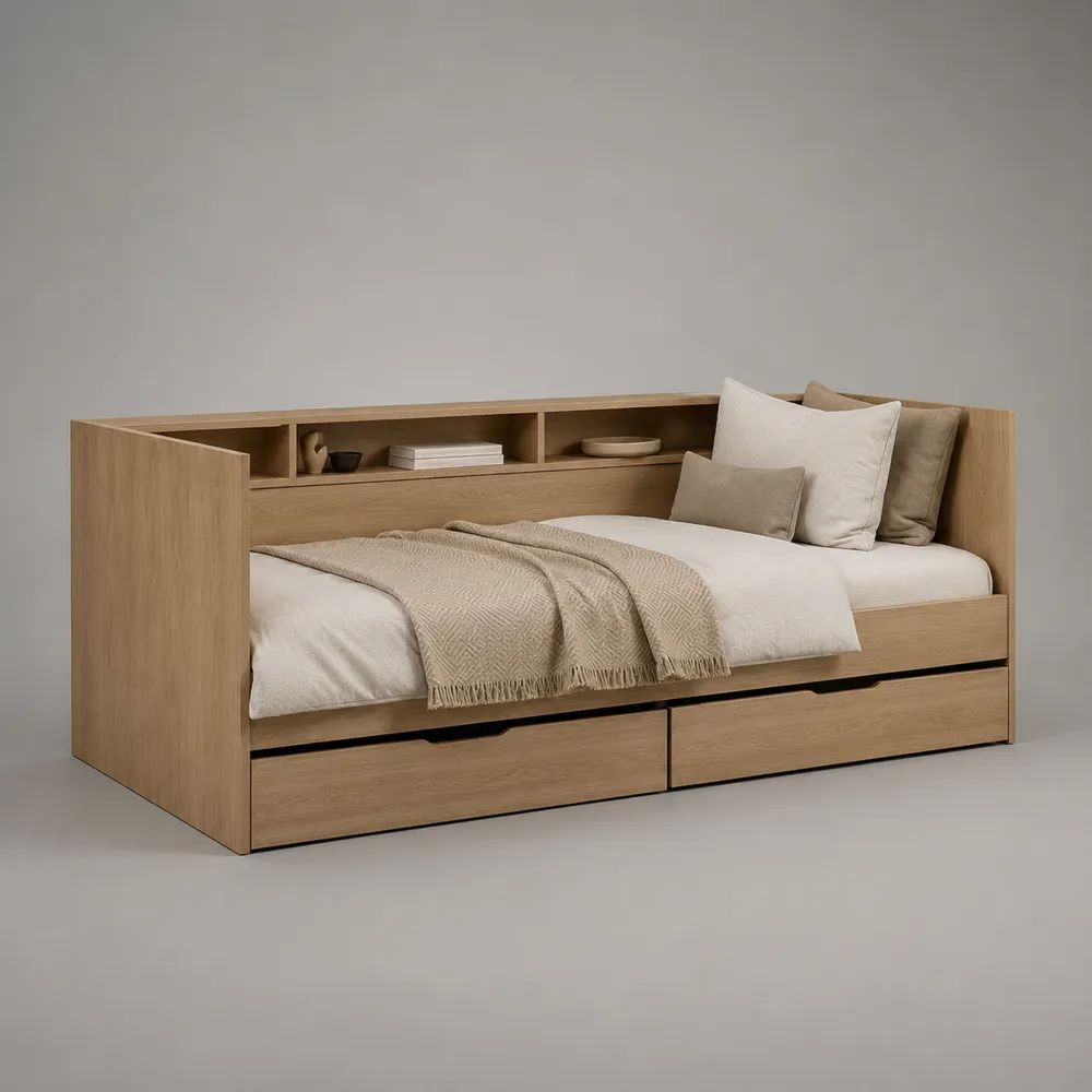 Stauraumbett 90 x 200 cm aus Holzwerkstoff mit 2 Schubladen und Regal, Eichefarben, 208 x 99 x 86 cm