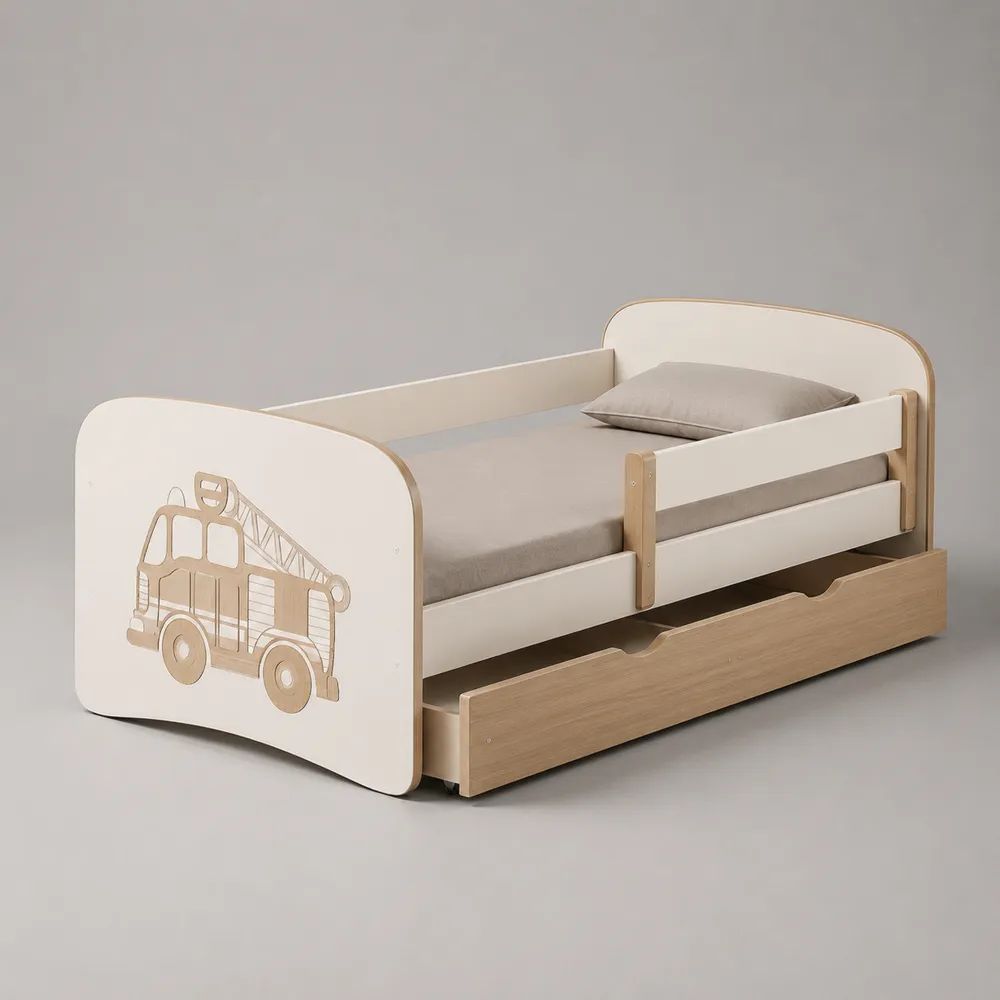 Kinderbett aus MDF mit Rausfallschutz und Schublade, Liegefläche 80 × 160 cm, Feuerwehrmotiv, Cremeweiß/Eichefarben