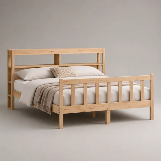 Doppelbett aus massiver Kiefer mit Regal-Kopfteil, Natur, Liegefläche 140 x 200 cm