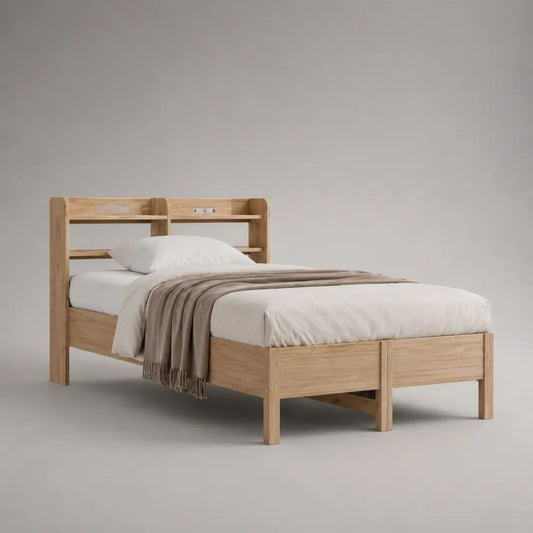 Doppelbett-Bettgestell aus massivem Kiefernholz mit Regal-Kopfteil, Natur, 140 × 200 cm