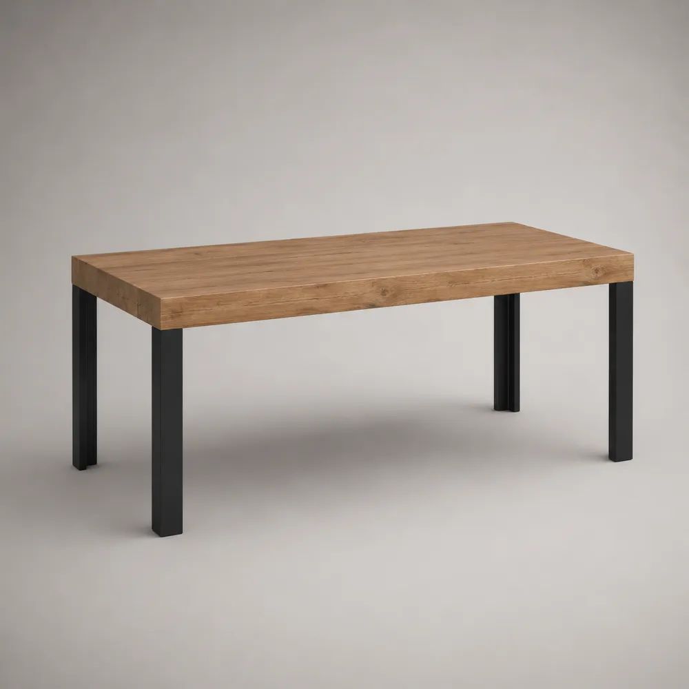 Rechteckiger Esstisch mit MDF-Tischplatte in Eichenoptik und Stahlgestell, Naturfarben/Schwarz, 160 × 80 × 76 cm