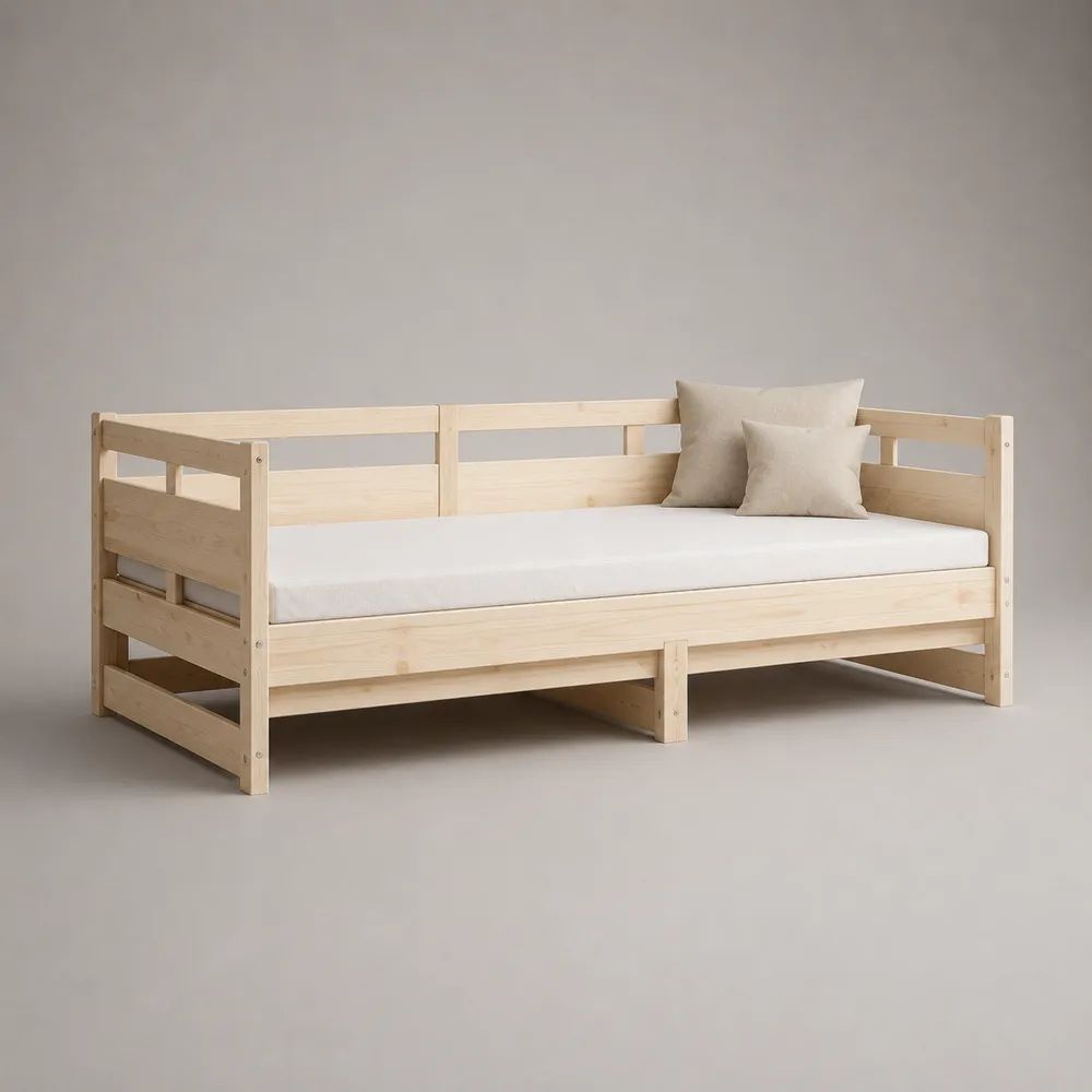 Tagesbett 90 × 200 cm aus massiver Kiefer mit Lattenrost und dreiseitiger Umrandung, Natur