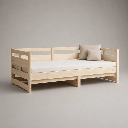 Tagesbett 90 × 200 cm aus massiver Kiefer mit Lattenrost und dreiseitiger Umrandung, Natur