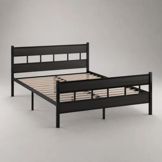 Doppelbett Metallbettgestell aus pulverbeschichtetem Stahl mit Lattenrost, Schwarz, 140 × 200 cm