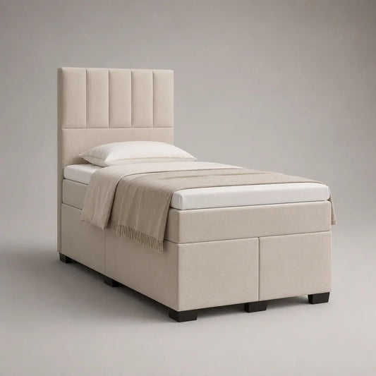 Boxspringbett 90 x 200 cm mit Matratze und gepolstertem Kopfteil, Polyesterbezug, Creme, Gesamtmaß 215 x 100 x 120 cm