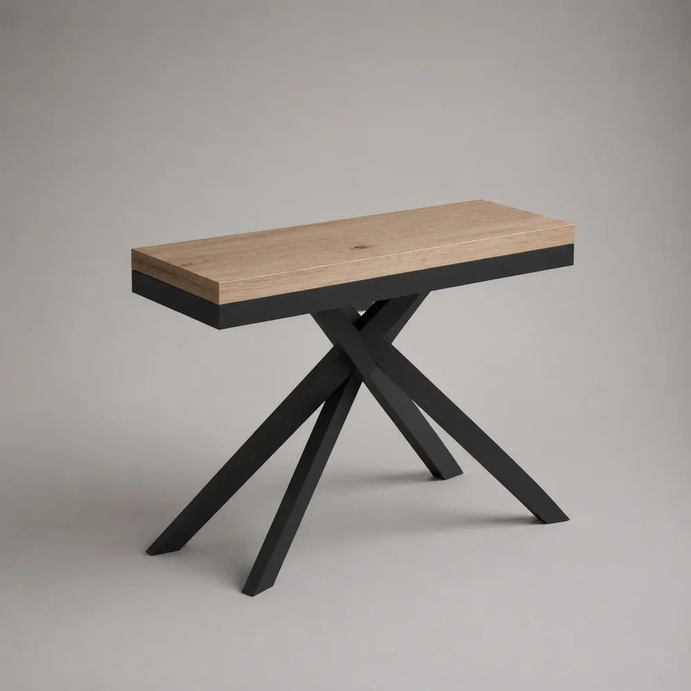 Rechteckiger Konsolentisch aus MDF mit Eichenfurnier und Stahlgestell, Natur/Schwarz, 100 × 35 × 80 cm