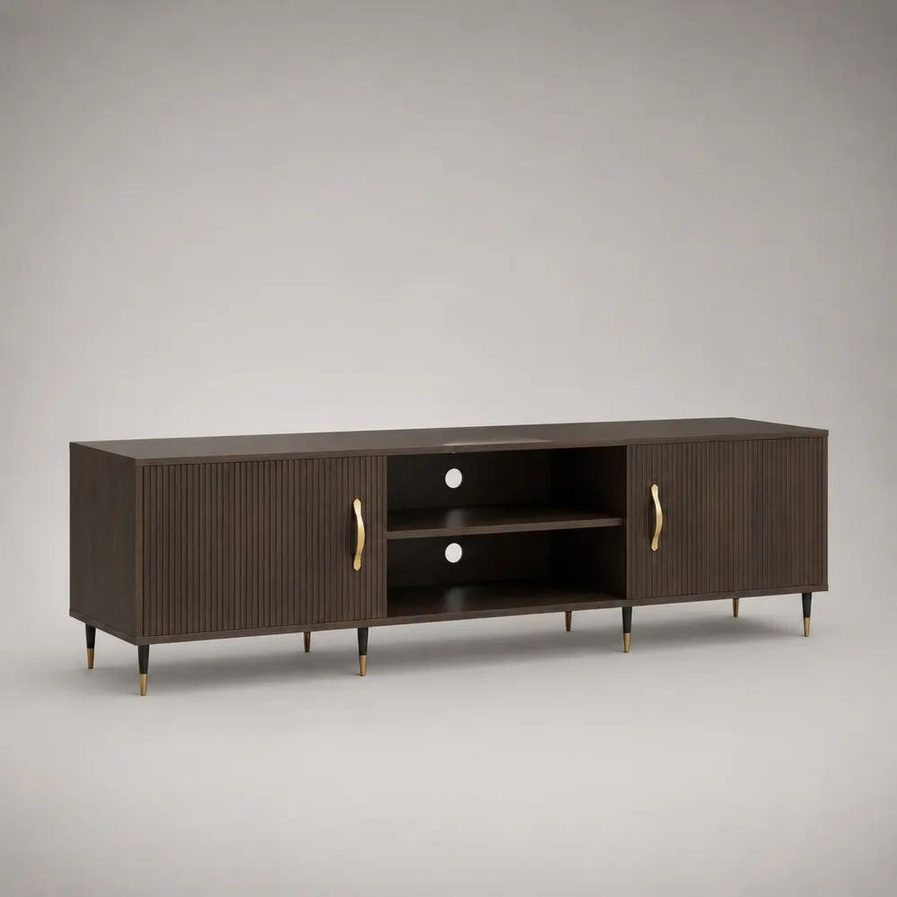 TV-Lowboard Fernsehschrank aus MDF und Stahl, Dunkelbraun/Schwarz/Goldfarben, 180 × 40 × 60 cm