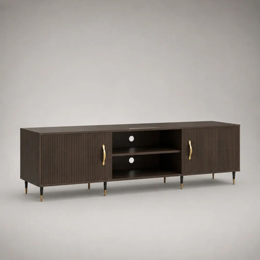 TV-Lowboard Fernsehschrank aus MDF und Stahl, Dunkelbraun/Schwarz/Goldfarben, 180 × 40 × 60 cm
