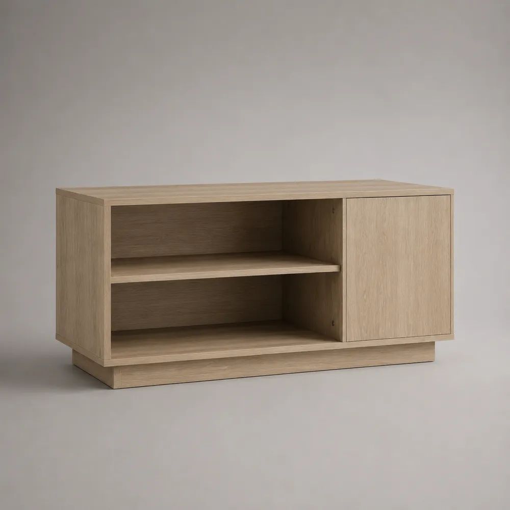 TV-Lowboard aus Holz mit 1 Tür und 2 offenen Fächern, Eiche Natur, 100 x 40 x 55 cm
