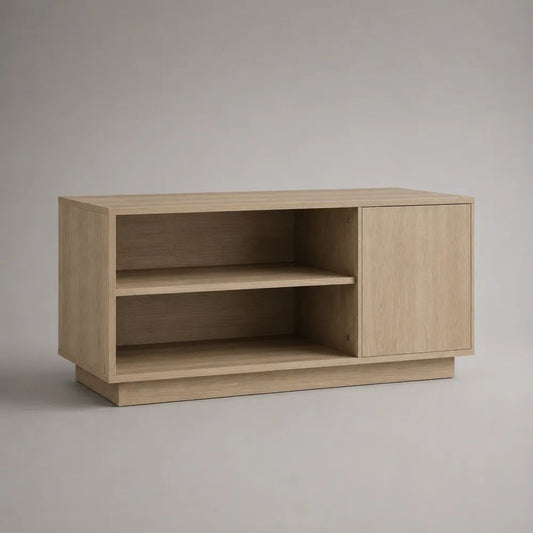 TV-Lowboard aus Holz mit 1 Tür und 2 offenen Fächern, Eiche Natur, 100 x 40 x 55 cm