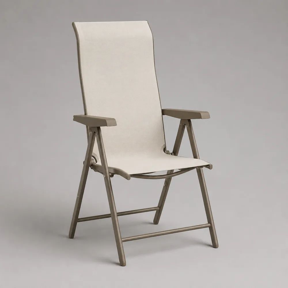 Klappbarer Gartenstuhl mit verstellbarer Hochlehne aus Stahl und PVC-beschichtetem Polyester, Beige/Taupe, 68 × 61 × 110 cm