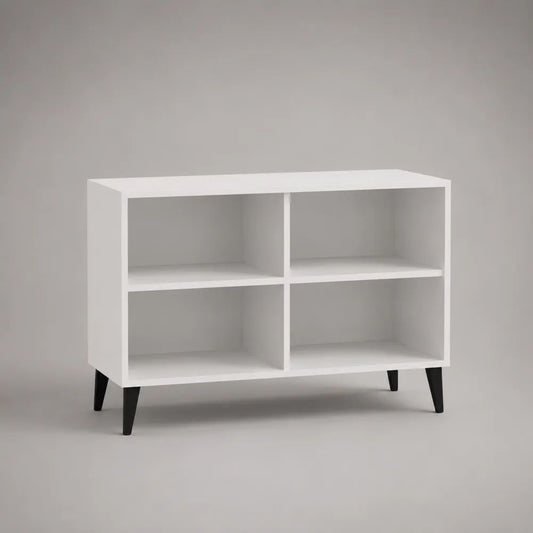 TV-Lowboard mit 4 offenen Fächern aus melaminharzbeschichteter Spanplatte, Weiß/Schwarz, 100 × 35 × 70 cm