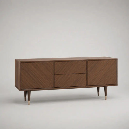 TV-Lowboard Sideboard aus MDF mit Walnussfurnier, rechteckig, Braun/Messingfarben, 160 × 40 × 75 cm