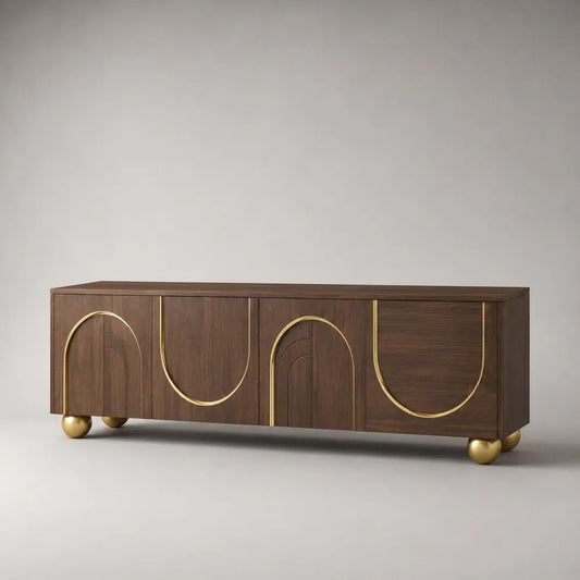 TV-Lowboard mit 4 Türen aus MDF mit Walnussfurnier, Walnussbraun/Gold, 200 × 45 × 65 cm
