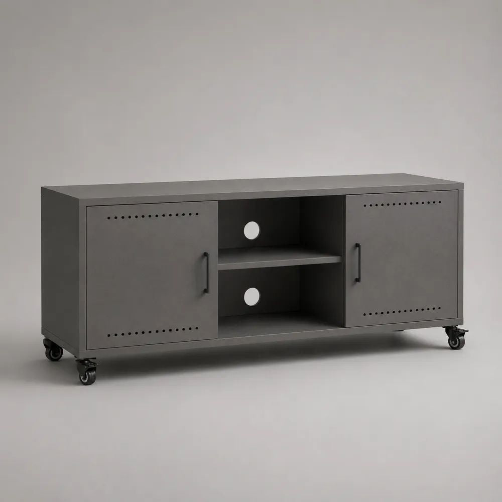 TV-Lowboard aus pulverbeschichtetem Stahl mit 2 Türen, Kabeldurchführungen und Rollen, Anthrazit/Schwarz, 120 × 40 × 60 cm