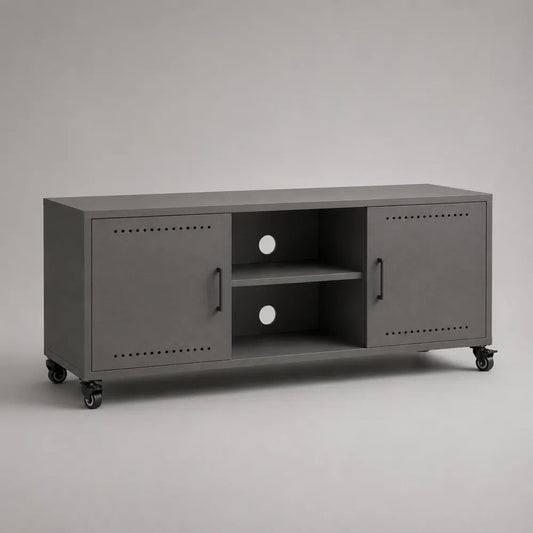 TV-Lowboard aus pulverbeschichtetem Stahl mit 2 Türen, Kabeldurchführungen und Rollen, Anthrazit/Schwarz, 120 × 40 × 60 cm